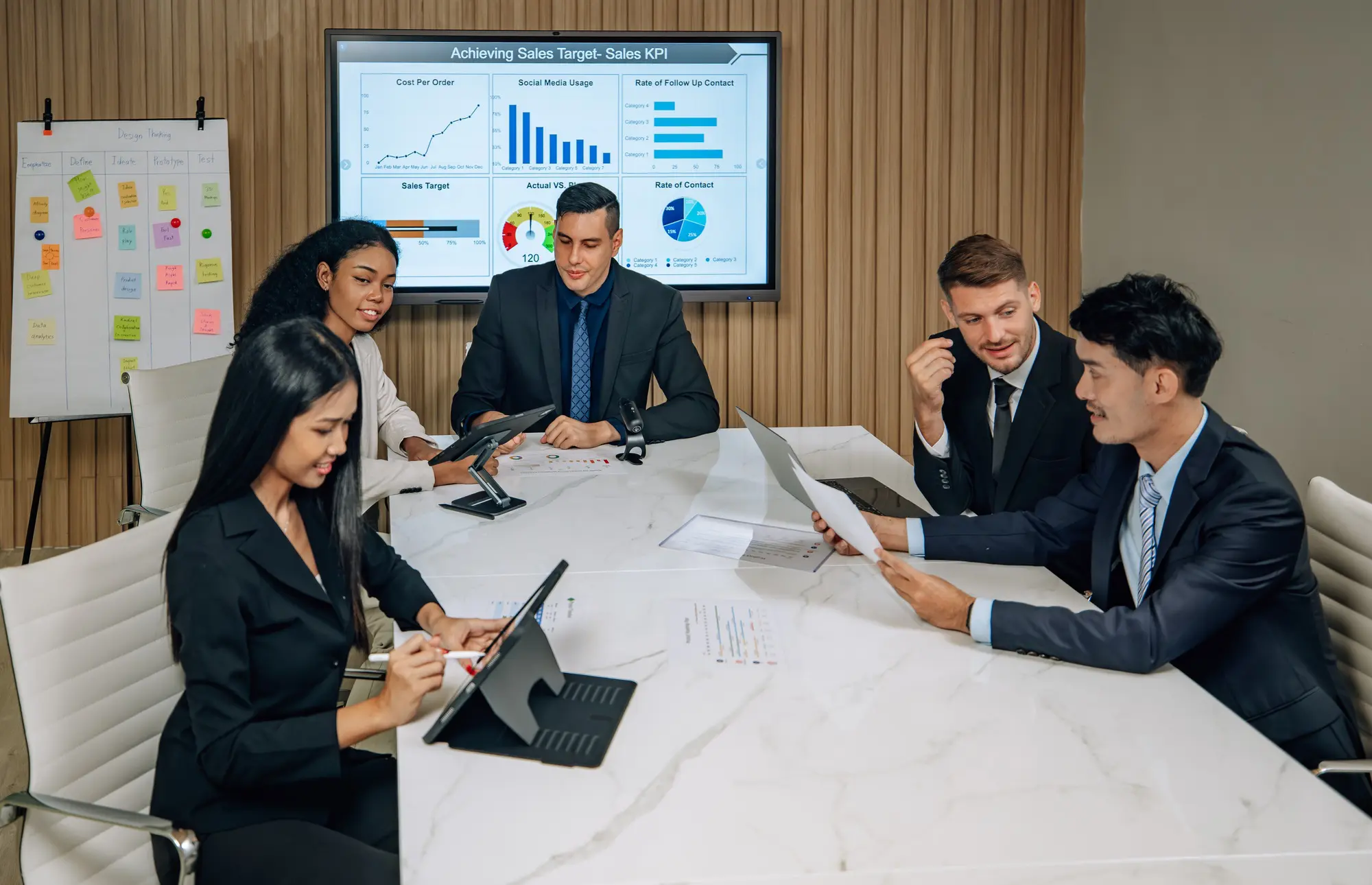 Diverse team innovates for sales KPIs via collaborative brainstorming to develop business models.